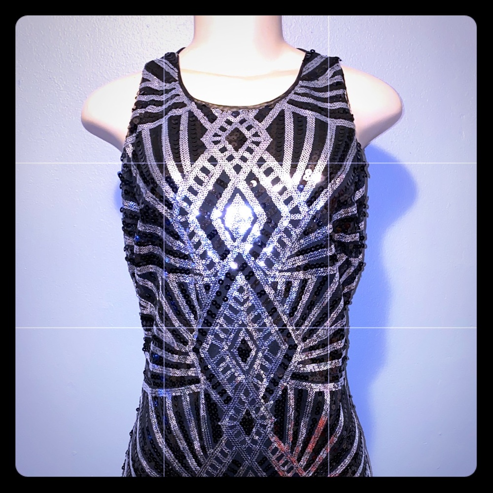 Black and silver midi sequin party dress